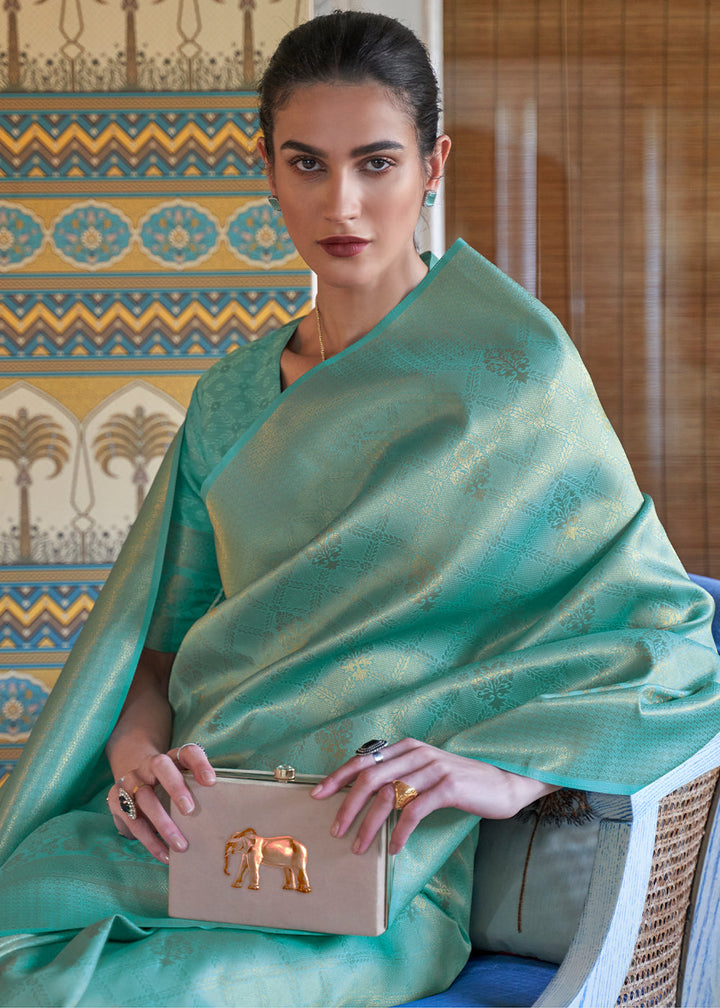 Bermuda Teal Green Soft Handloom Weave Kanjivaram Silk Saree : Festival Edition