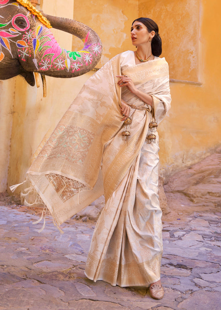 Ivory White Handloom Weave Soft Banarasi Silk Saree
