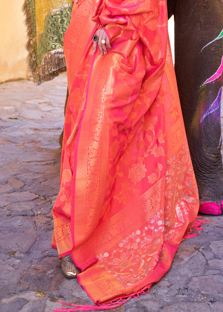 Fiery Rose Pink Handloom Weave Soft Banarasi Silk Saree