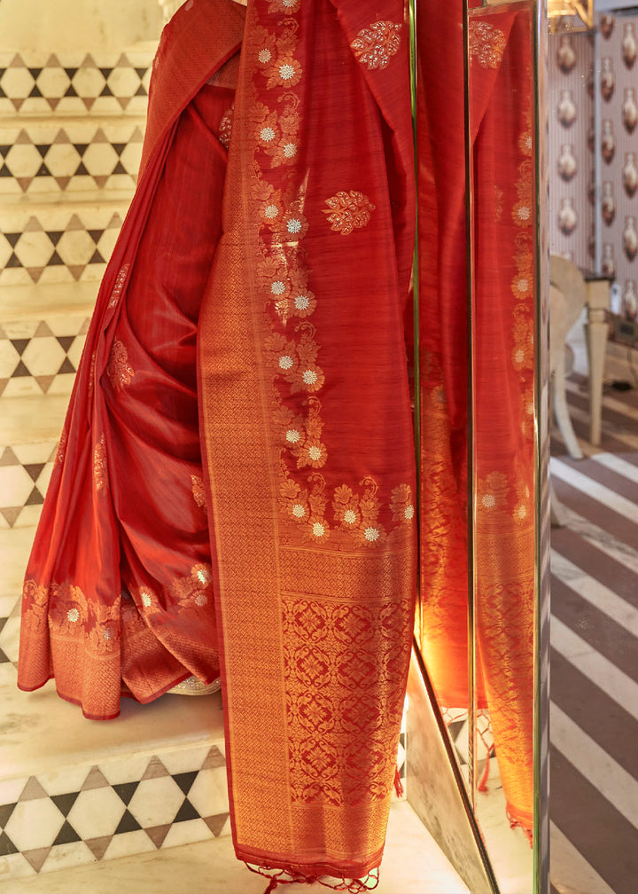 Rufous Red Copper Zari Woven Tussar Silk Saree