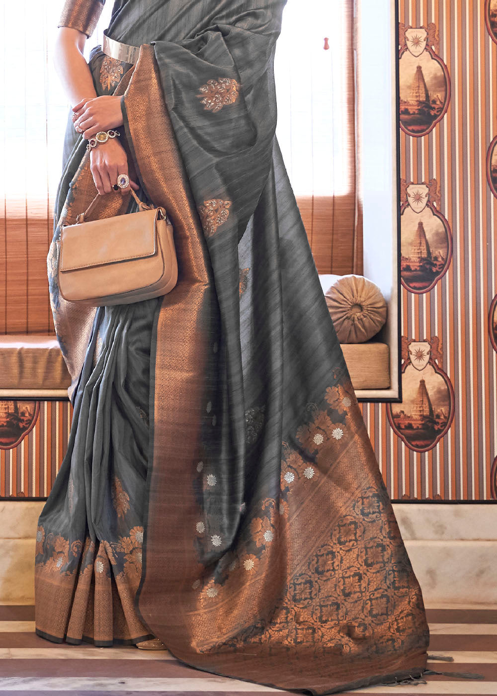 Anchor Grey Copper Zari Woven Tussar Silk Saree