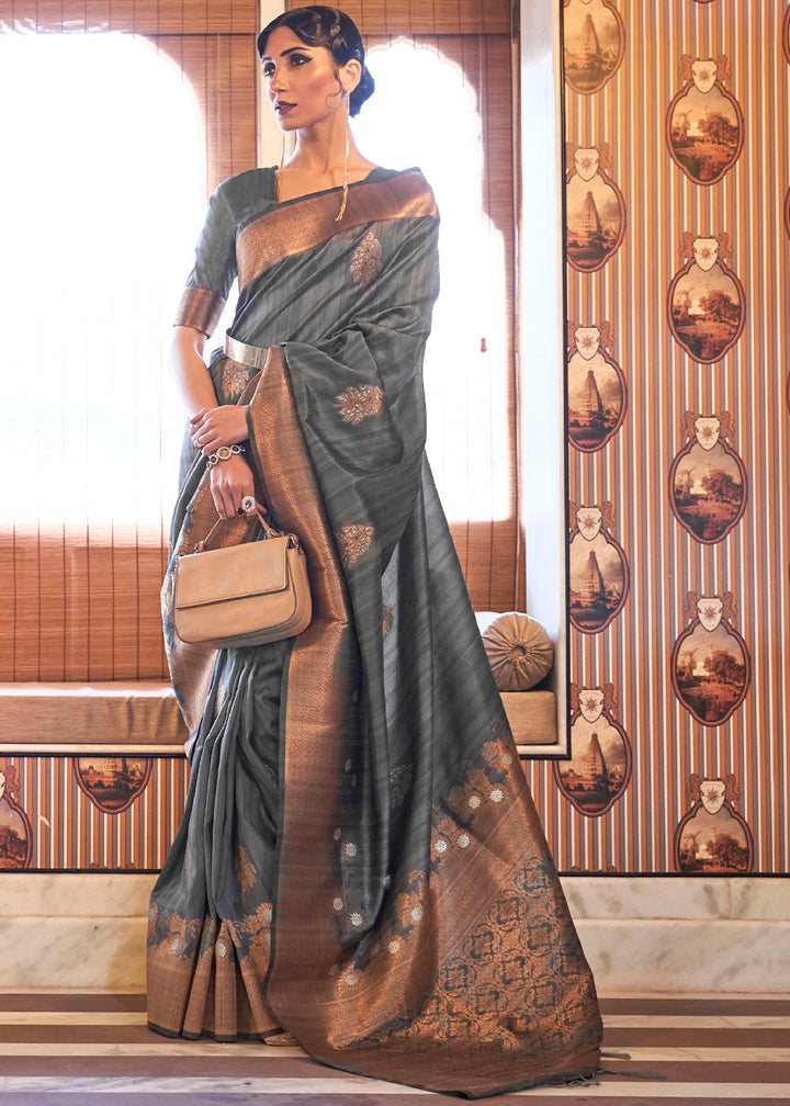 Anchor Grey Copper Zari Woven Tussar Silk Saree