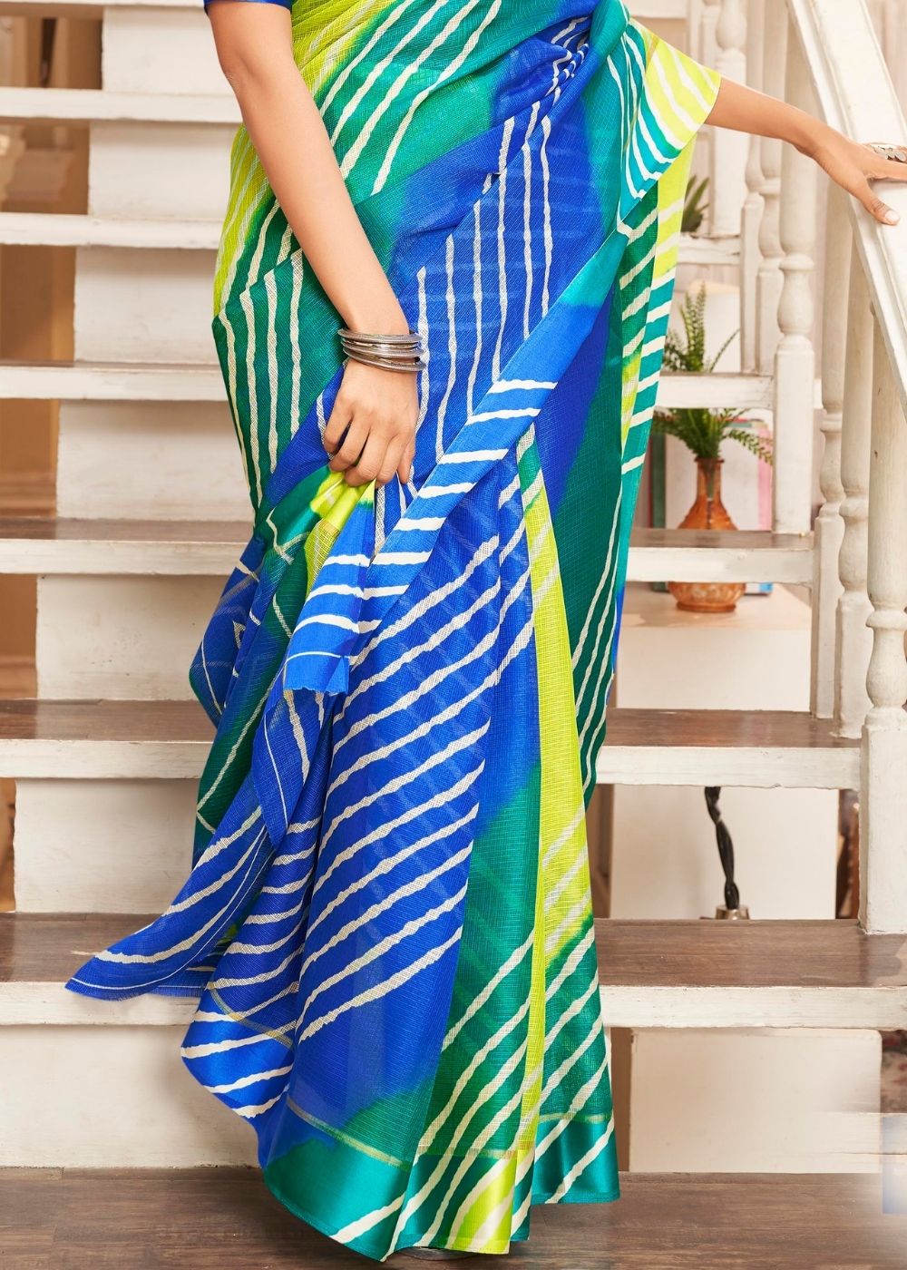 Blue & Yellow Cotton Saree with Leheriya Print