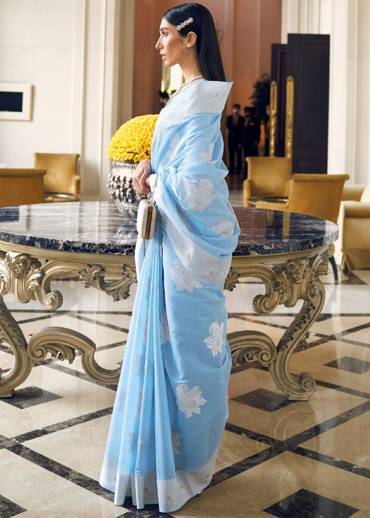 Maya Blue Lucknowi  Chikankari Weaving Silk Saree