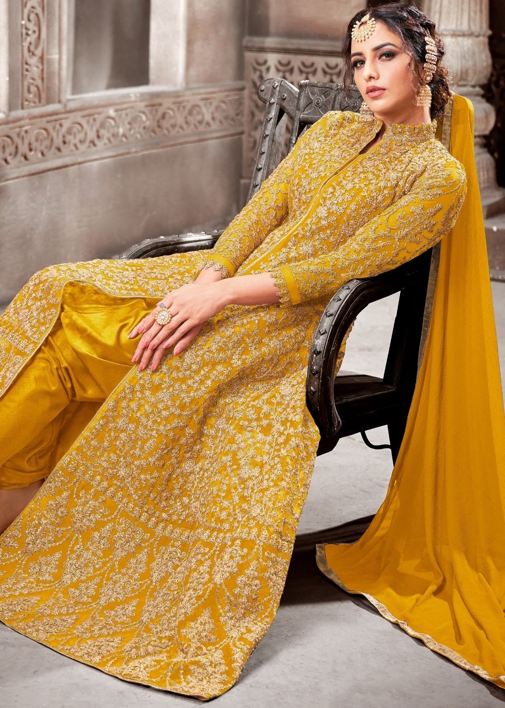 Honey Yellow Designer Net Anarkali Suit with Full Thread Embroidery Work