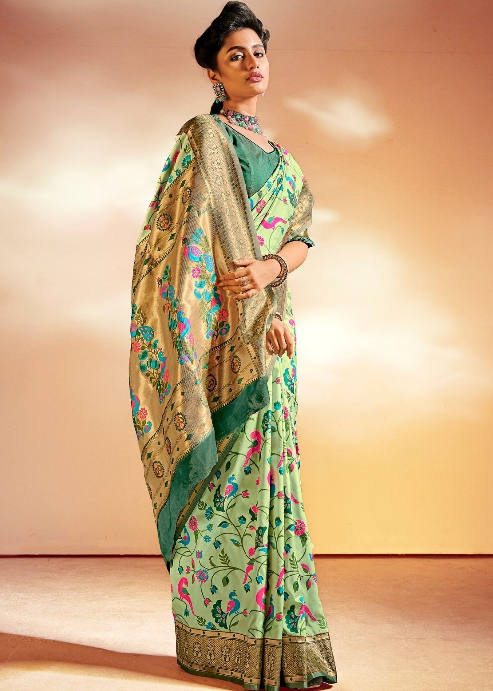 Mint Green Woven Banarasi Paithani Silk Saree