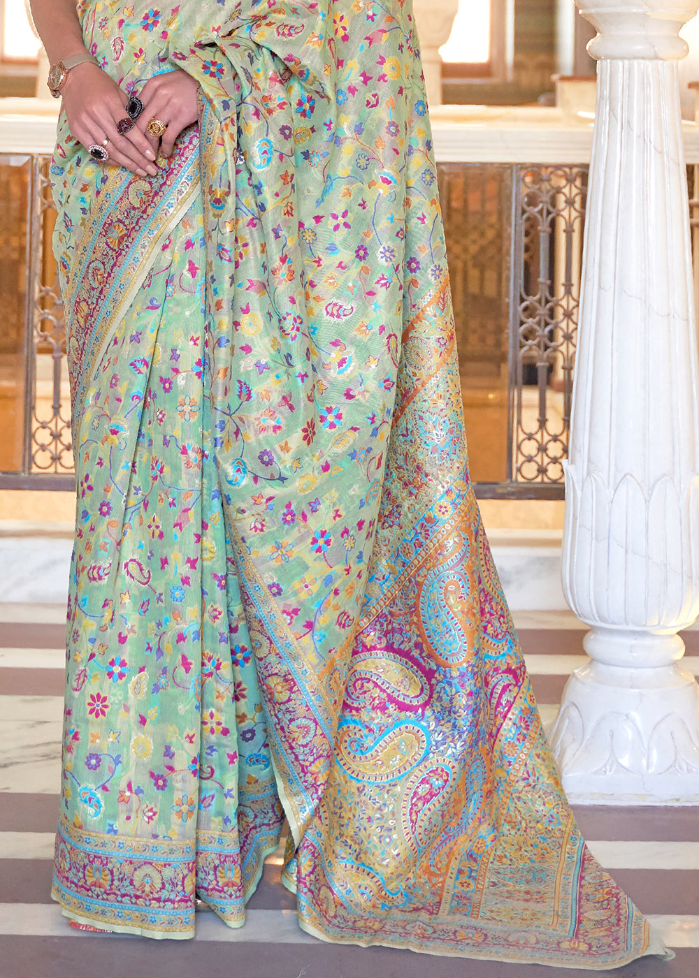 Celadon Green Banarasi Jamawar Woven Silk Saree