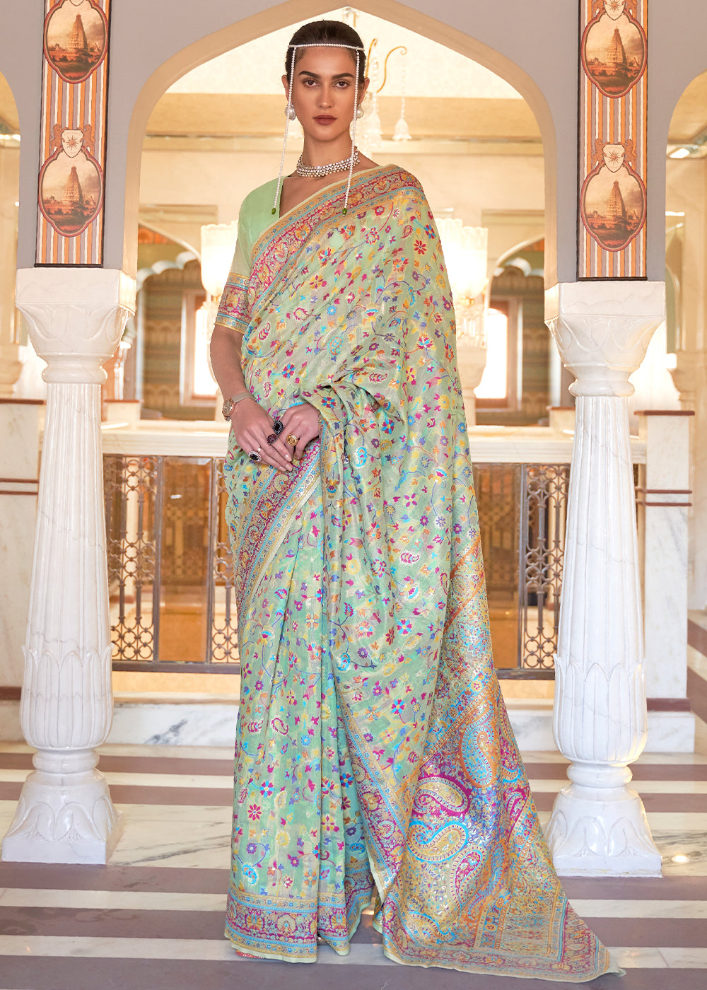 Celadon Green Banarasi Jamawar Woven Silk Saree