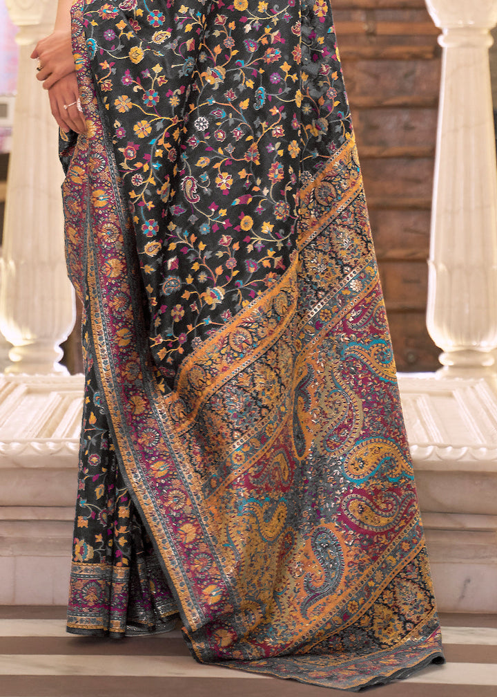 Sable Black Banarasi Jamawar Woven Silk Saree
