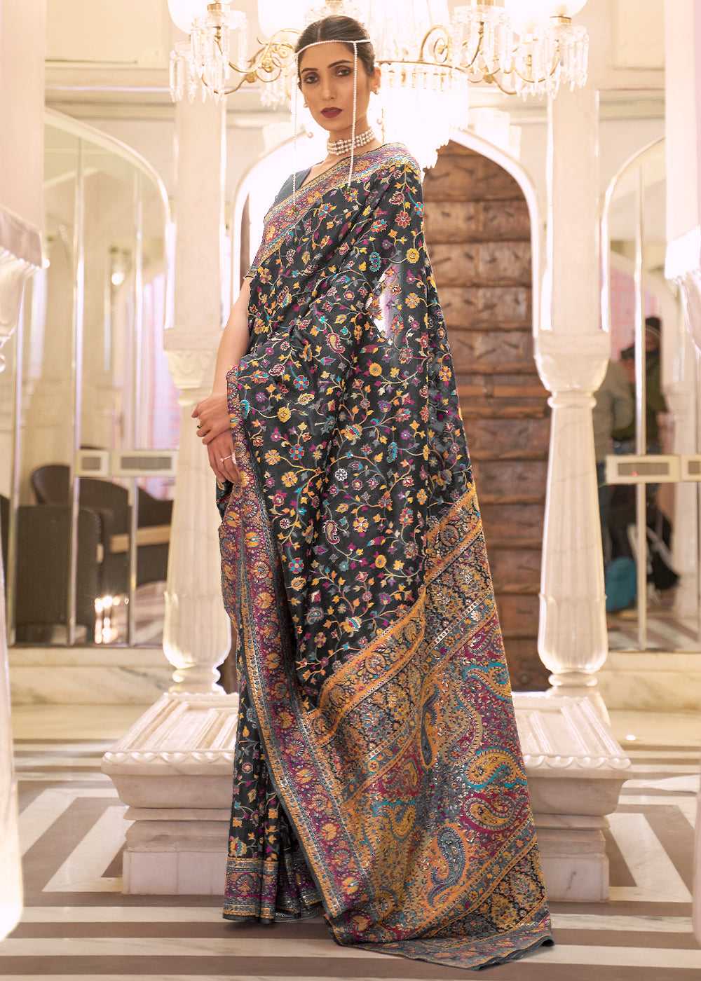 Sable Black Banarasi Jamawar Woven Silk Saree