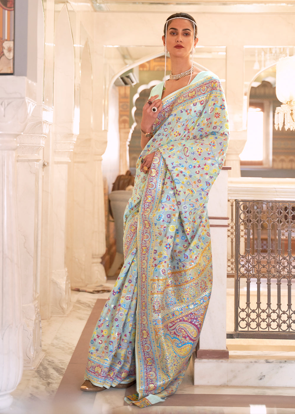 Powder Blue Banarasi Jamawar Woven Silk Saree