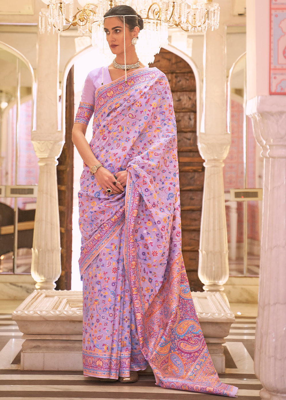 Bright Lilac Purple Banarasi Jamawar Woven Silk Saree