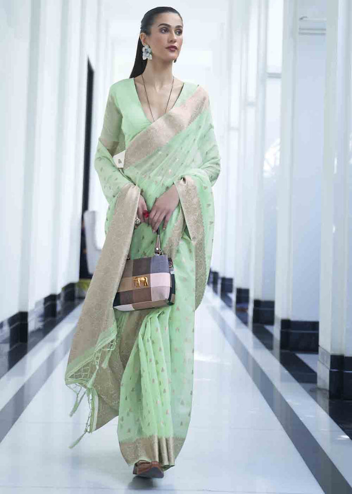 Mint Green Woven Designer Silk Saree