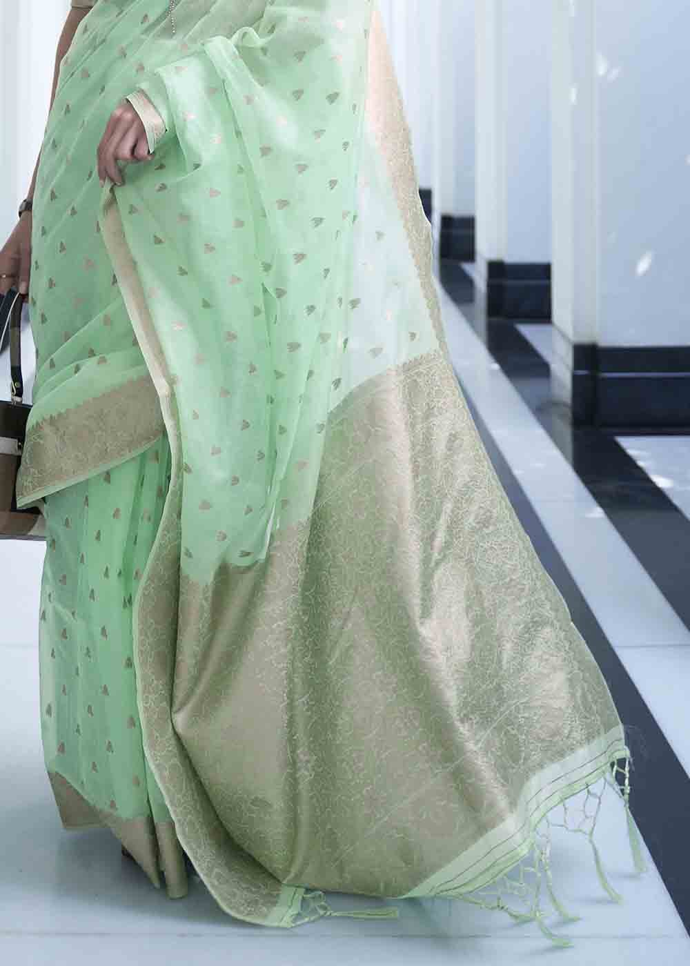 Mint Green Woven Designer Silk Saree