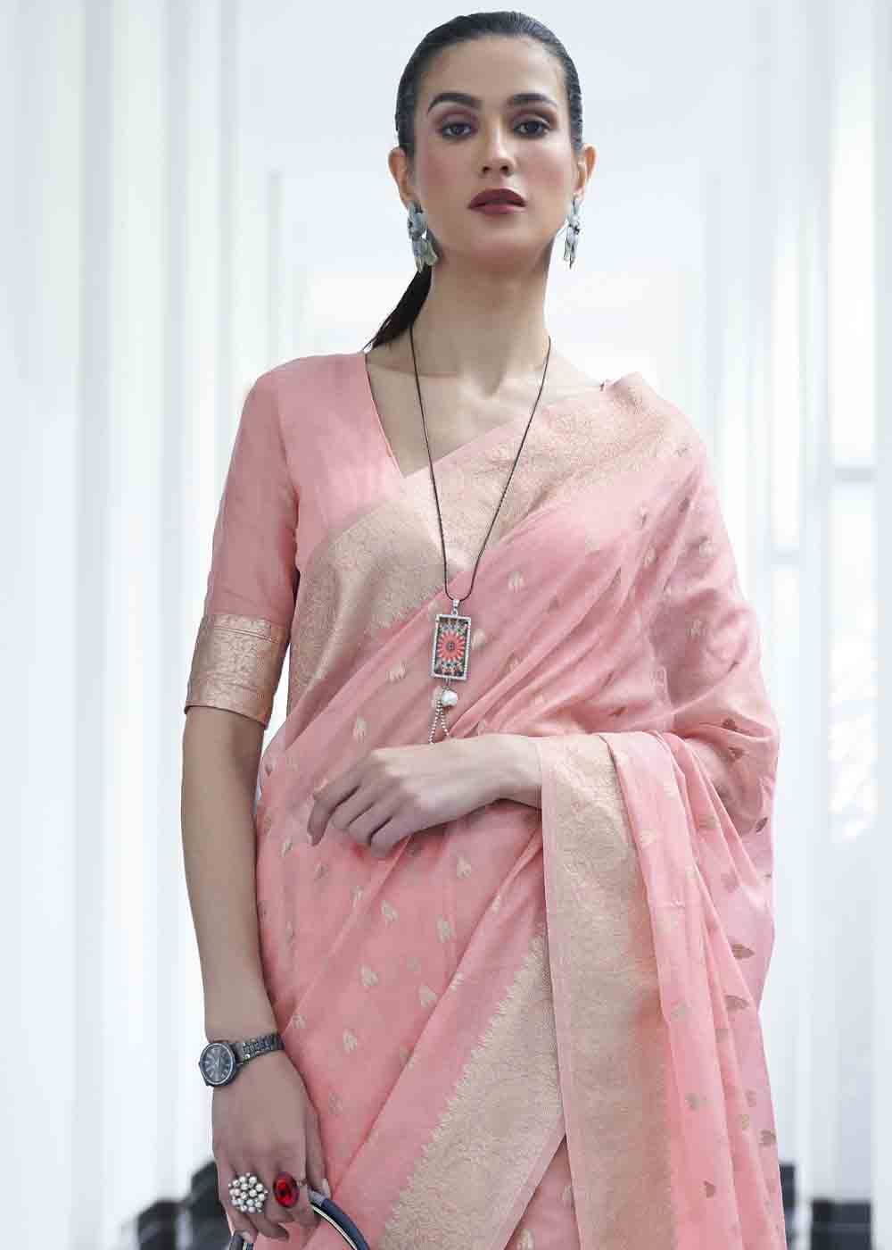 Rose Pink Woven Designer Silk Saree