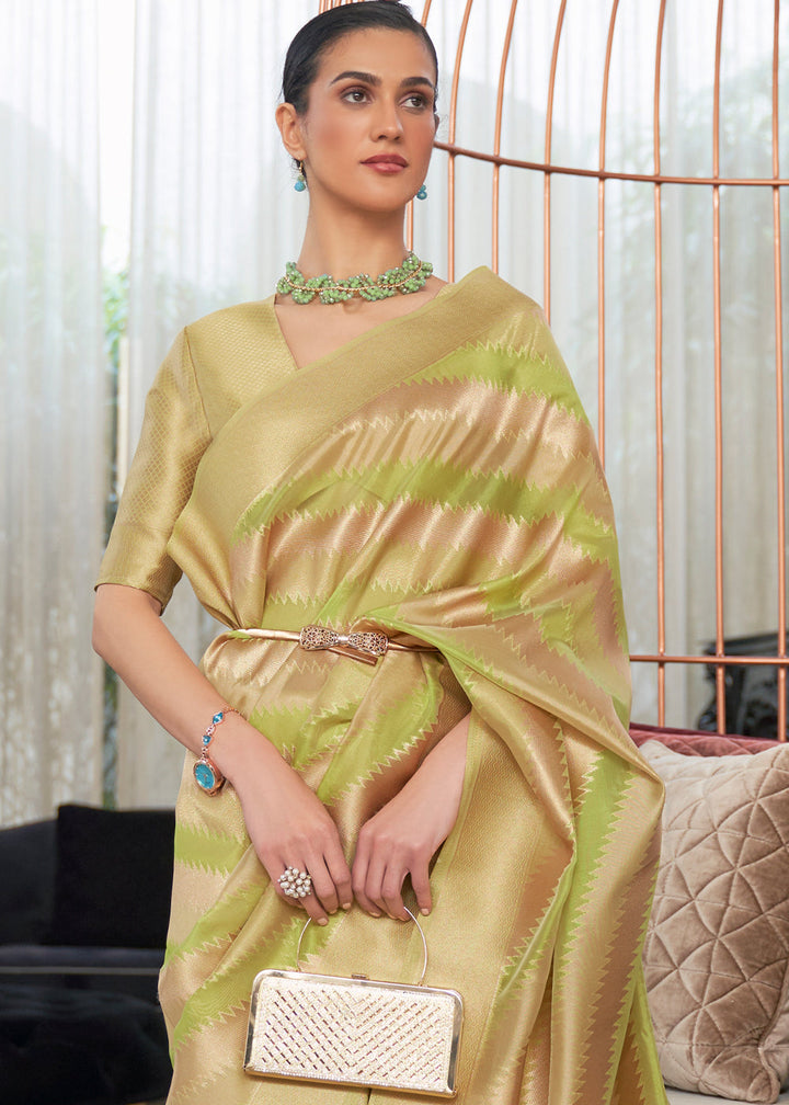 Green & Golden Woven Organza Silk Saree