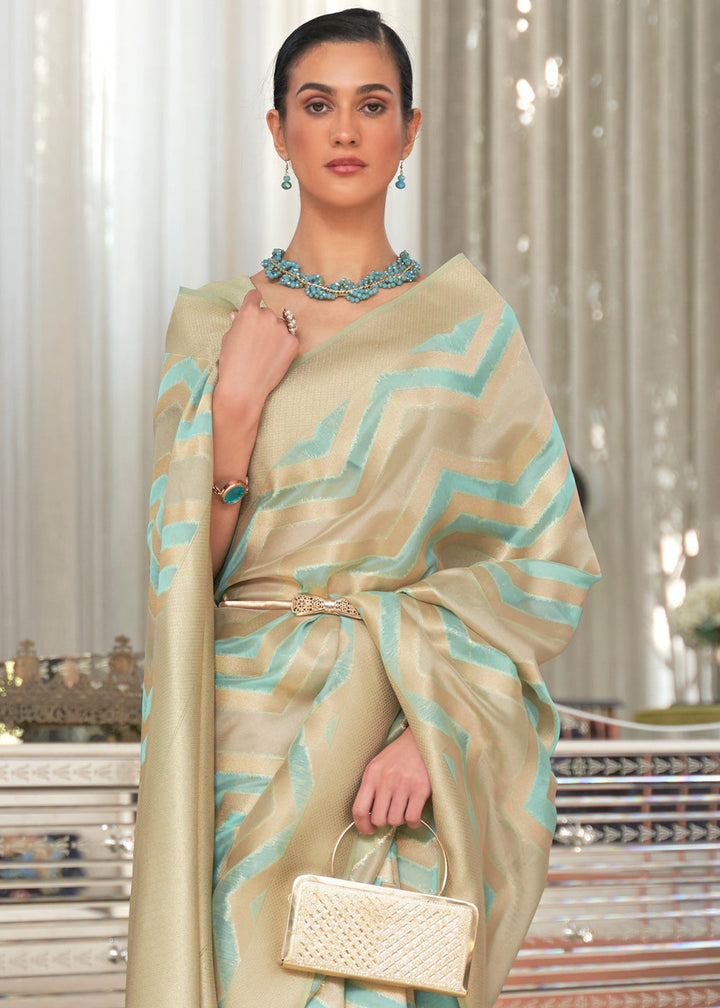 Blue & Golden Lehariya Handloom Weaving Organza Silk Saree