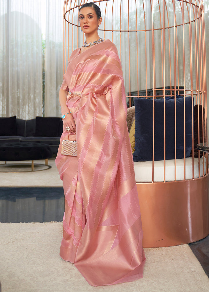 Shades Of Pink Lehariya Handloom Weaving Organza Silk Saree
