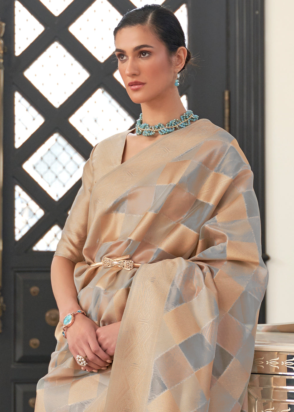Golden Brown & Grey Lehariya Handloom Weaving Organza Silk Saree