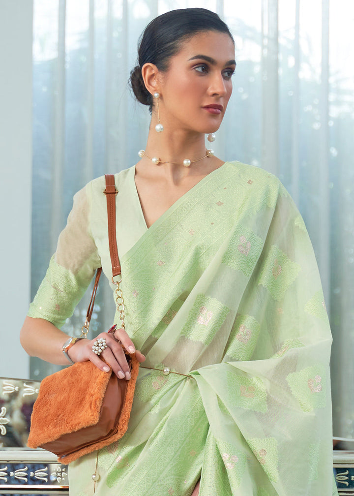 Shades Of Green Lucknowi Chikankari Weaving Silk Saree