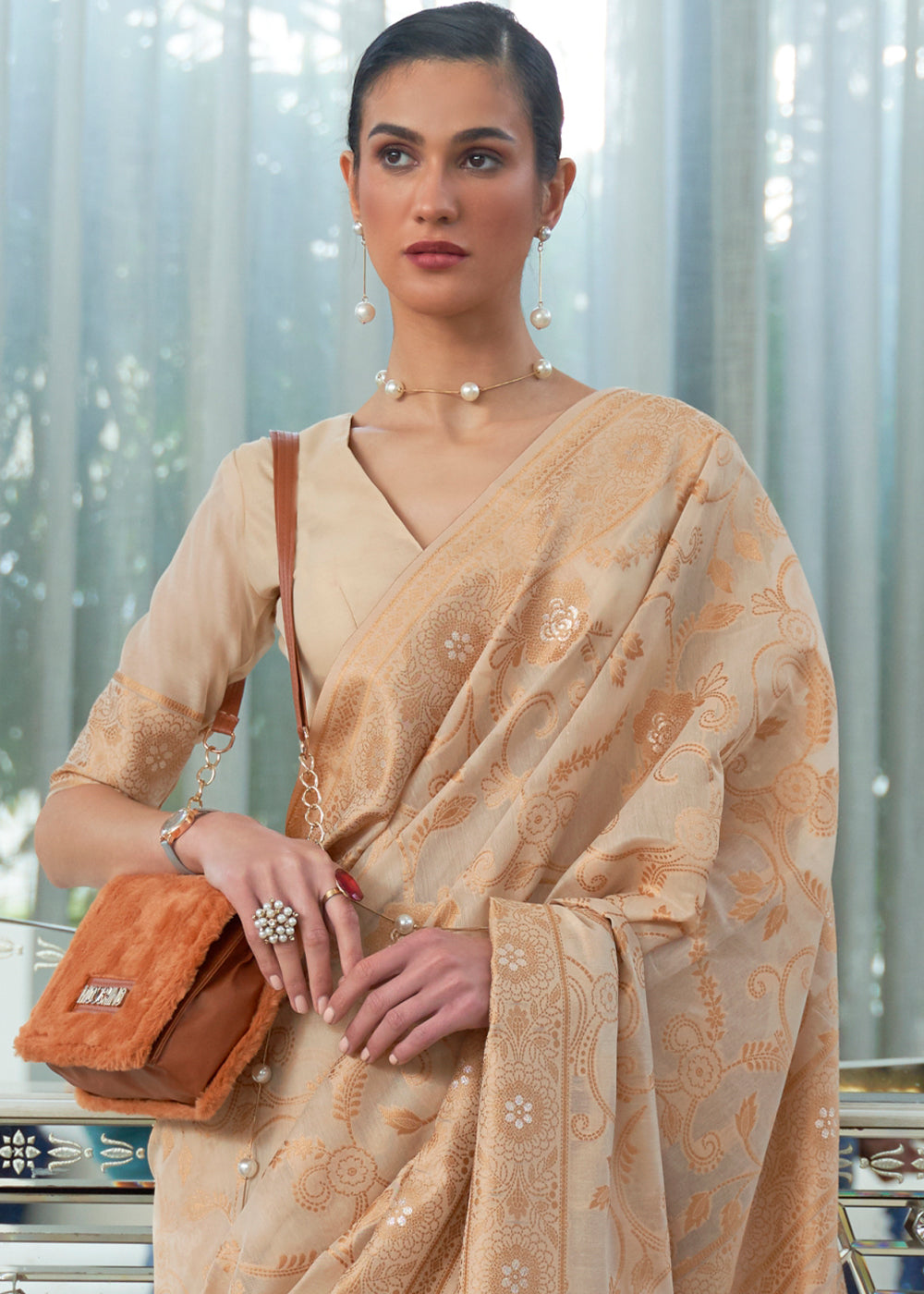 Shades Of Brown Lucknowi Chikankari Weaving Silk Saree