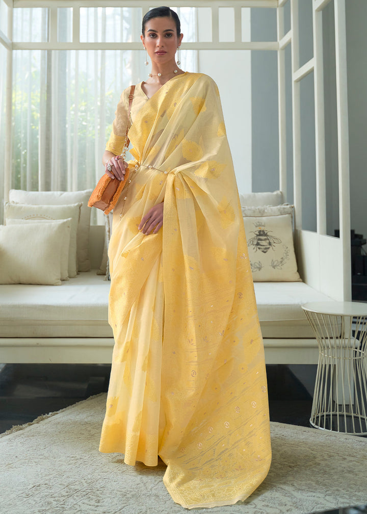 Shades Of Yellow Lucknowi Chikankari Weaving Silk Saree
