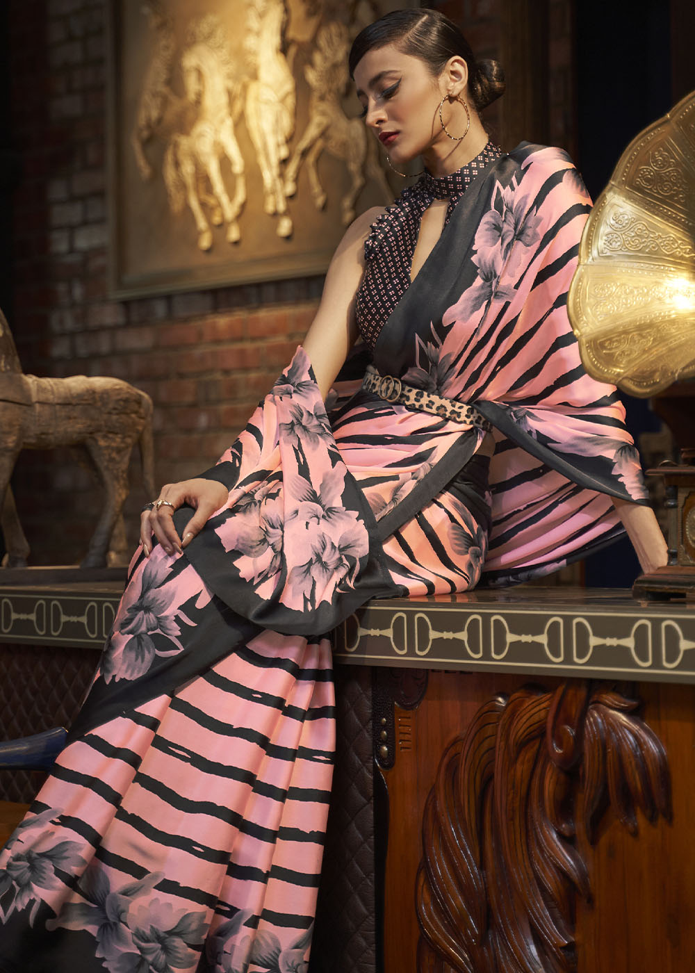 Mauvelous Pink Designer Satin Crepe Printed Saree: Top Pick