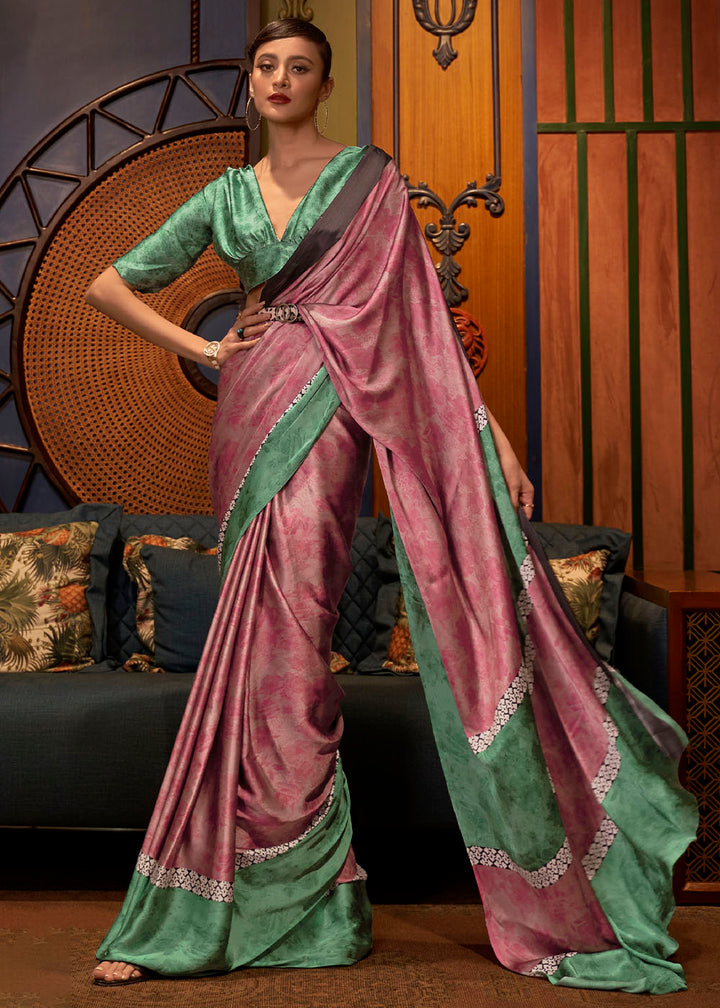 Green & Pink Designer Satin Crepe Printed Saree: Top Pick