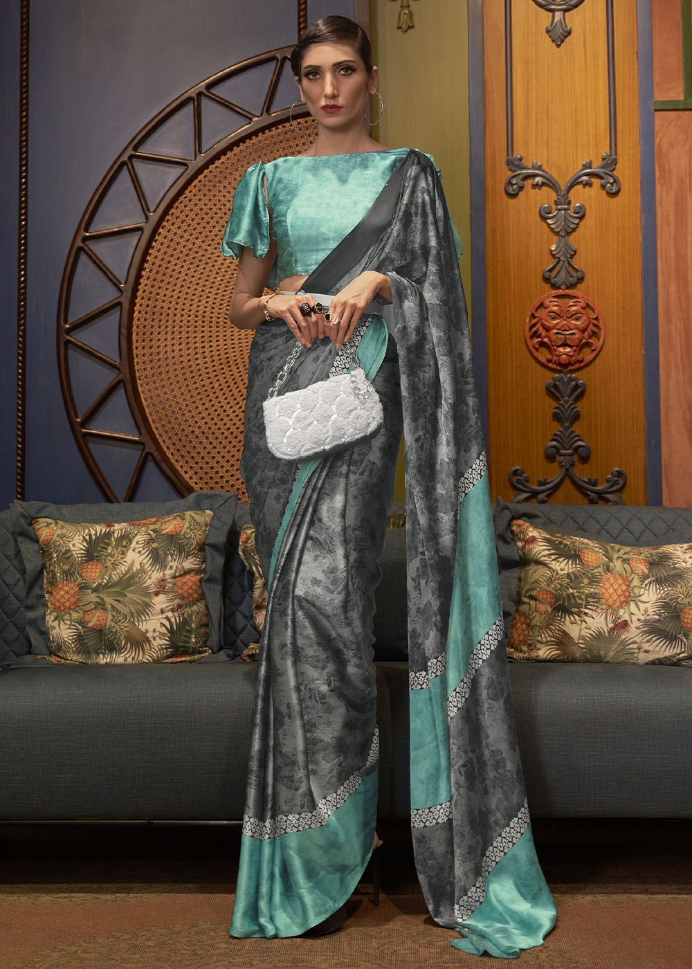 Grey & Blue Designer Satin Crepe Printed Saree: Top Pick