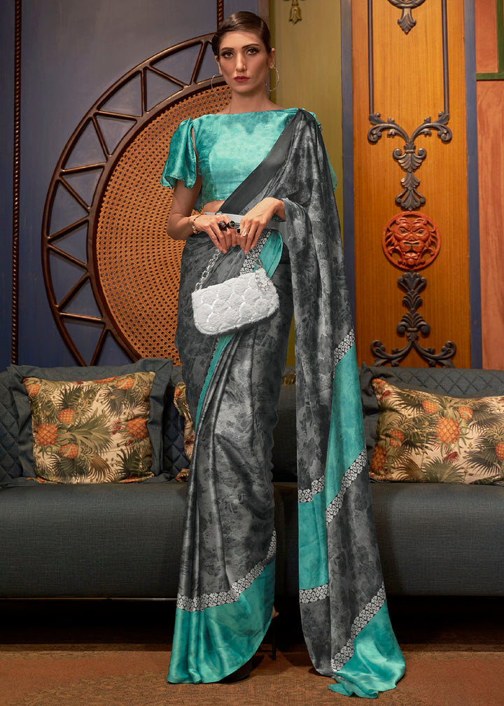 Grey & Blue Designer Satin Crepe Printed Saree: Top Pick