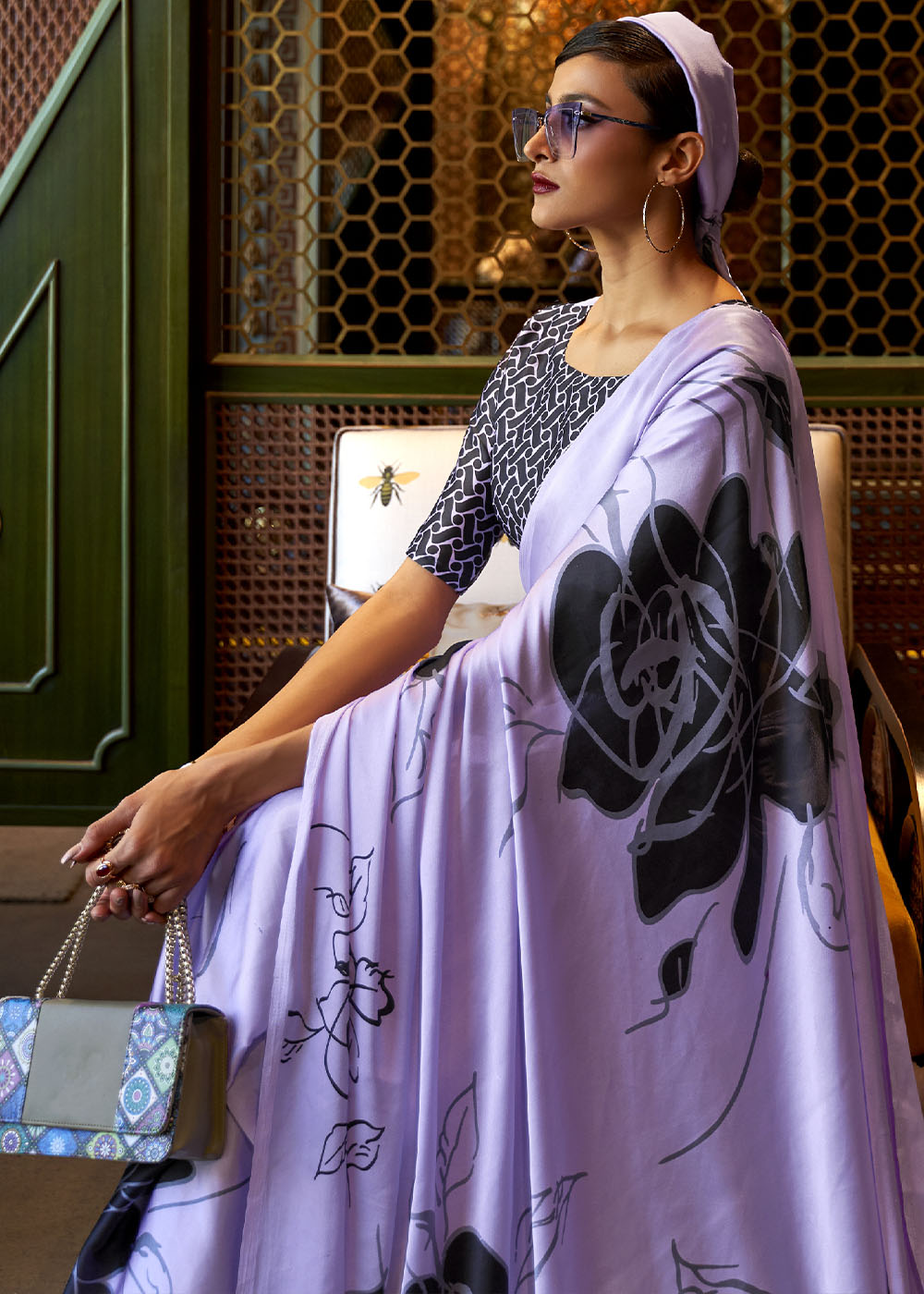 Heliotrope Purple Designer Satin Crepe Printed Saree: Top Pick
