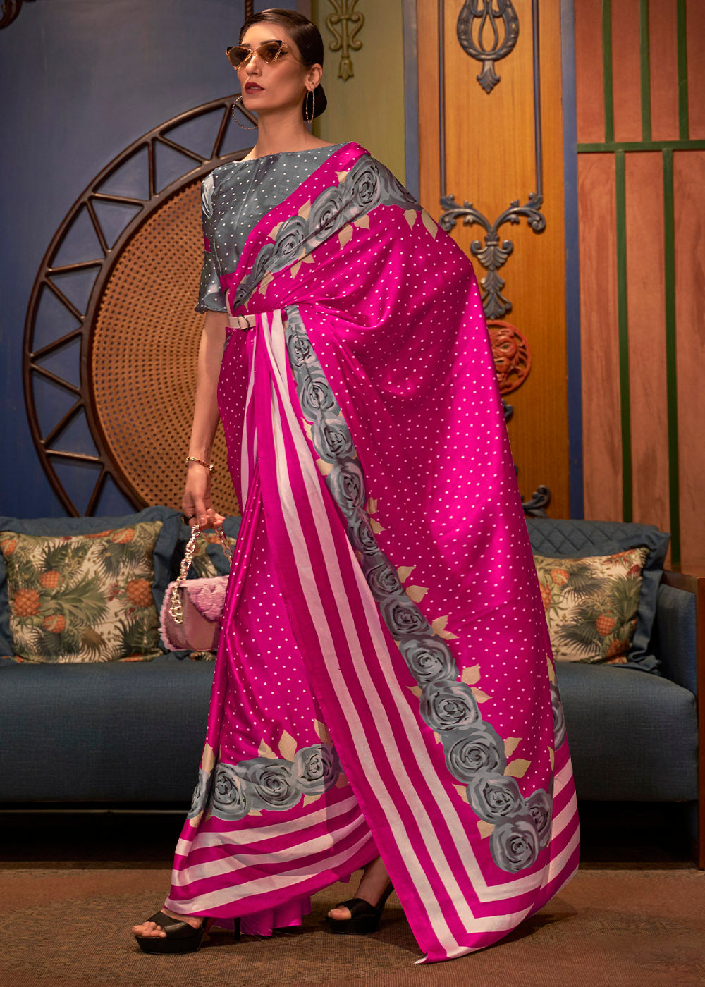 Hot Pink Designer Satin Crepe Printed Saree: Top Pick