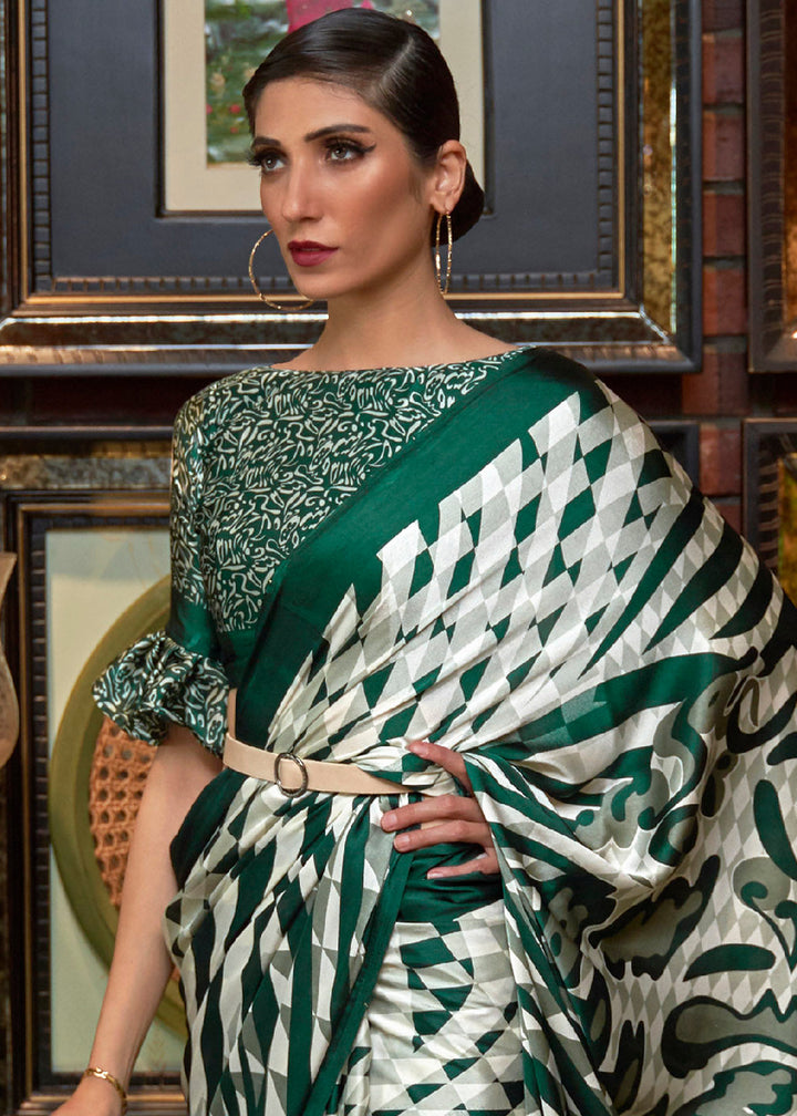 Green & White Designer Satin Crepe Printed Saree: Top Pick