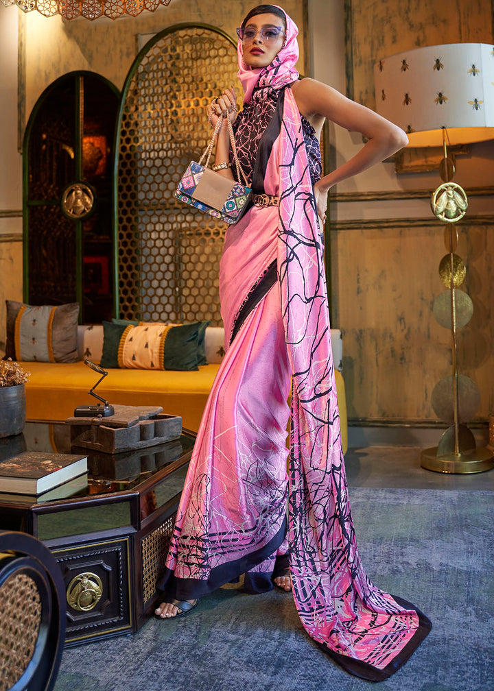 Taffy Pink Designer Satin Crepe Printed Saree: Top Pick