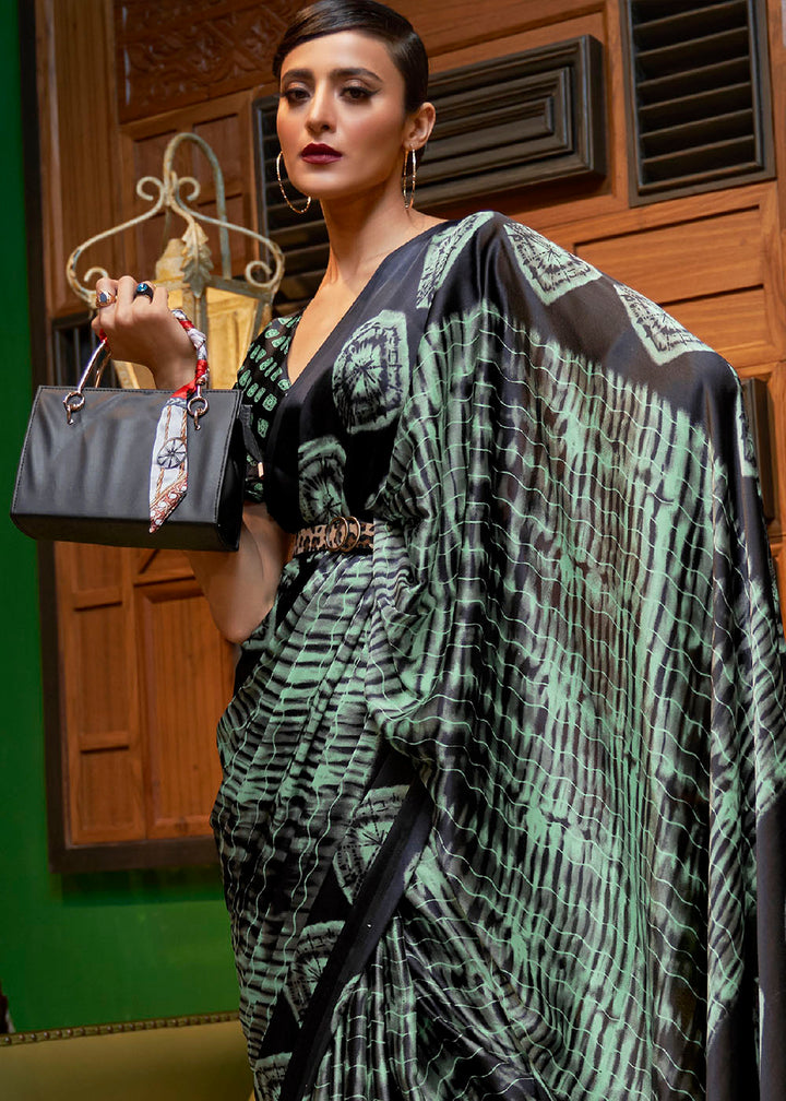 Green & Black Designer Satin Crepe Printed Saree: Top Pick