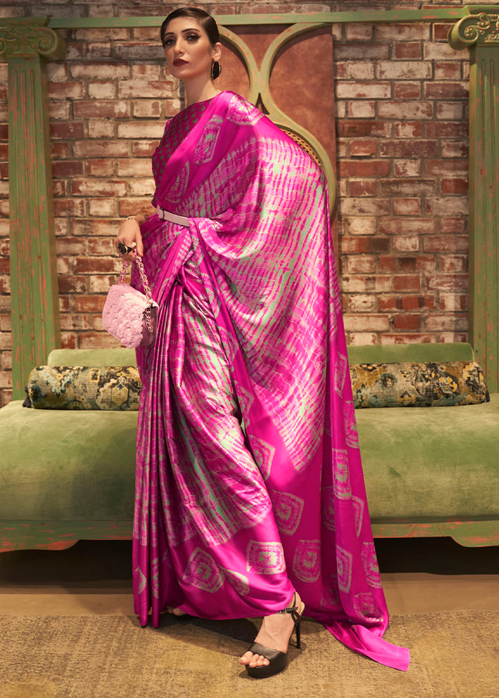 Magenta Pink Designer Satin Crepe Printed Saree : Top Pick