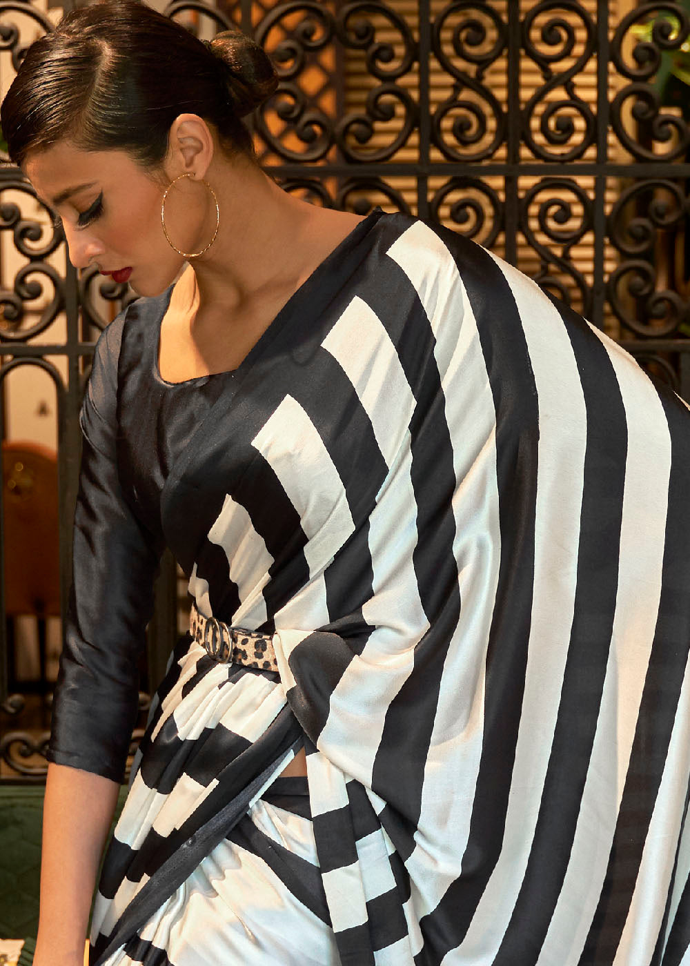White & Black Designer Satin Crepe Printed Saree : Top Pick
