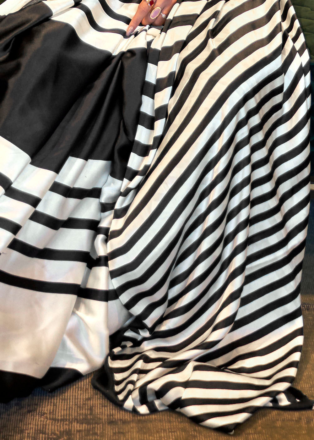 White & Black Designer Satin Crepe Printed Saree : Top Pick