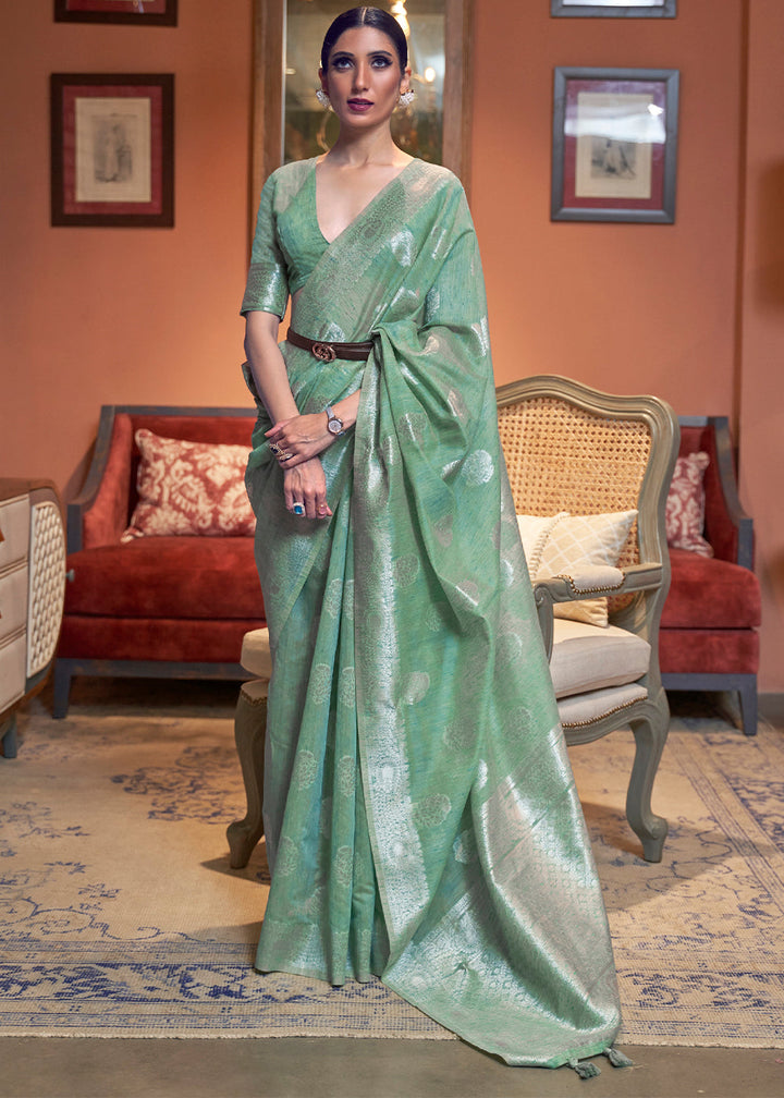 Bermuda Green Woven Linen Silk Saree