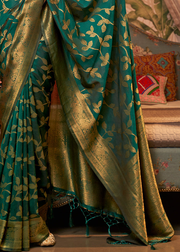 Dark Sea Green Woven Floral Banarasi Silk Saree