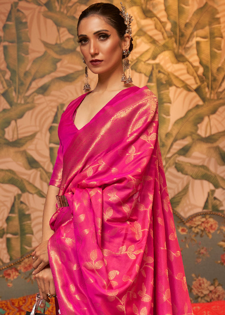 Magenta Pink Woven Floral Banarasi Silk Saree