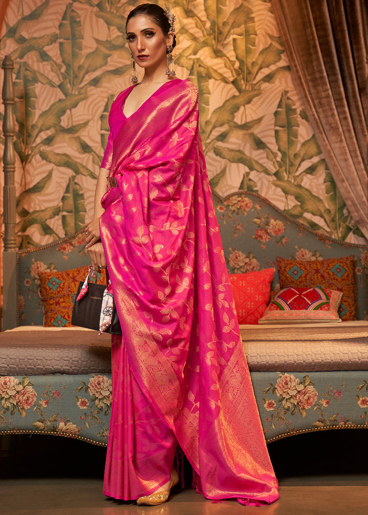 Magenta Pink Woven Floral Banarasi Silk Saree