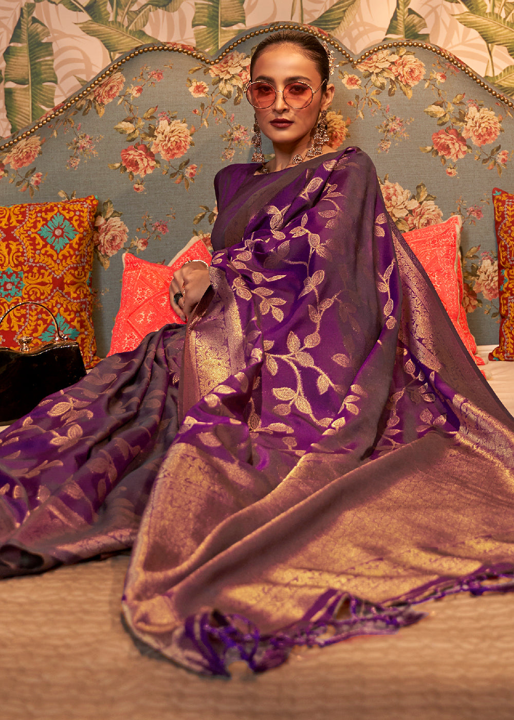 Byzantine Purple Woven Floral Banarasi Silk Saree