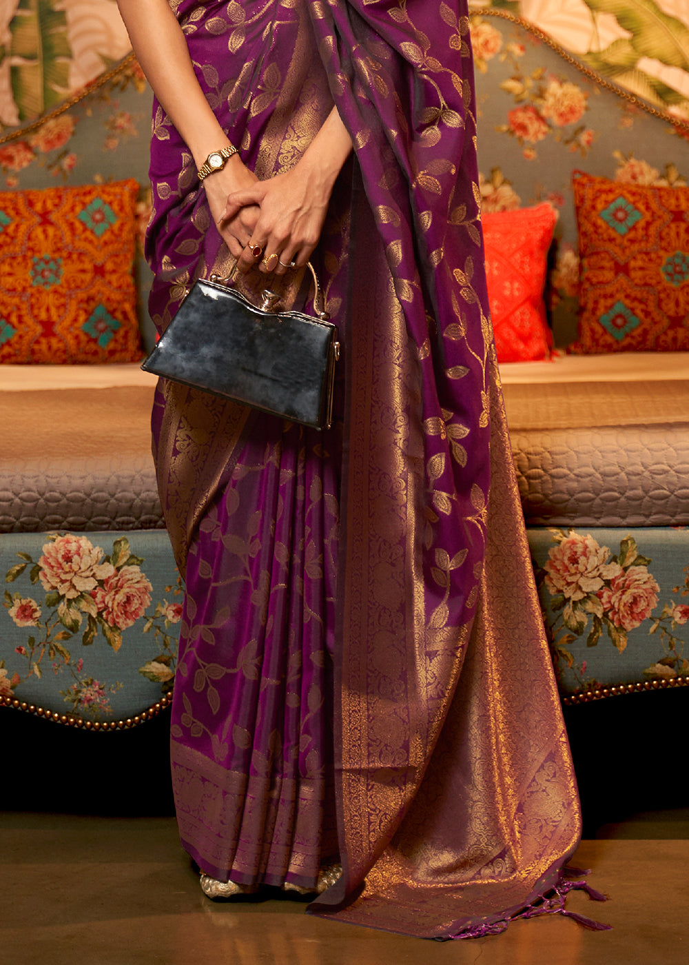 Byzantine Purple Woven Floral Banarasi Silk Saree