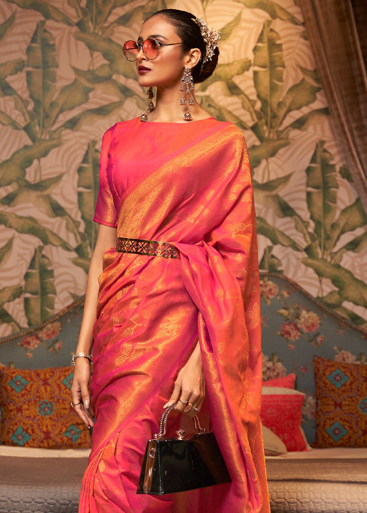 Pink & Orange Woven Floral Banarasi Silk Saree