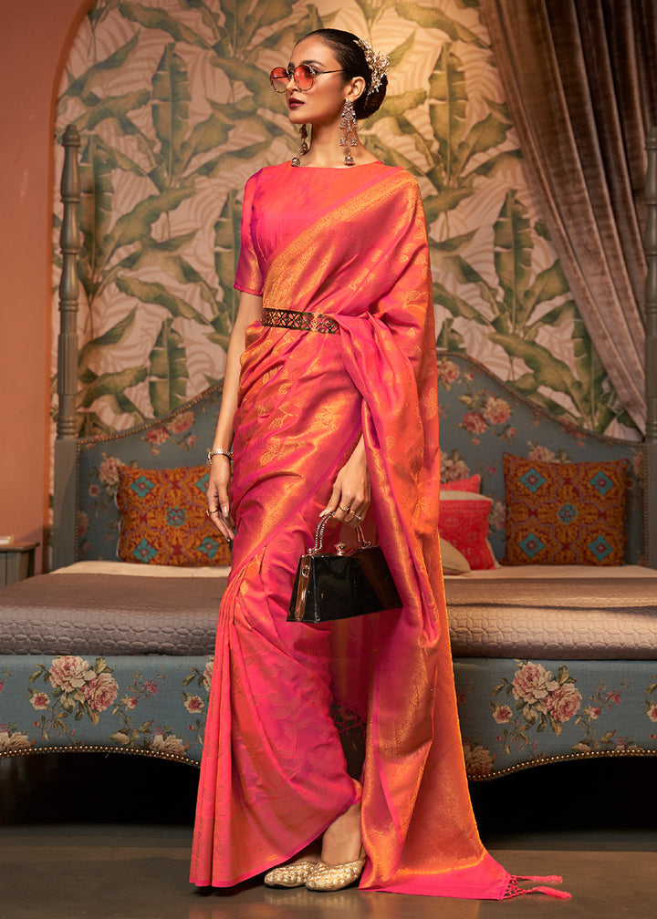Pink & Orange Woven Floral Banarasi Silk Saree