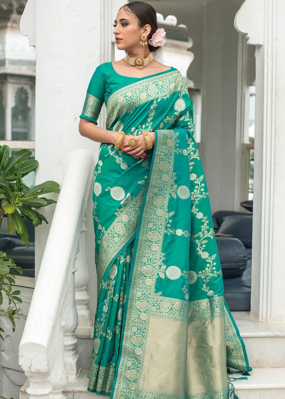 Teal Blue Soft Banarasi Silk Saree with Floral Zari work