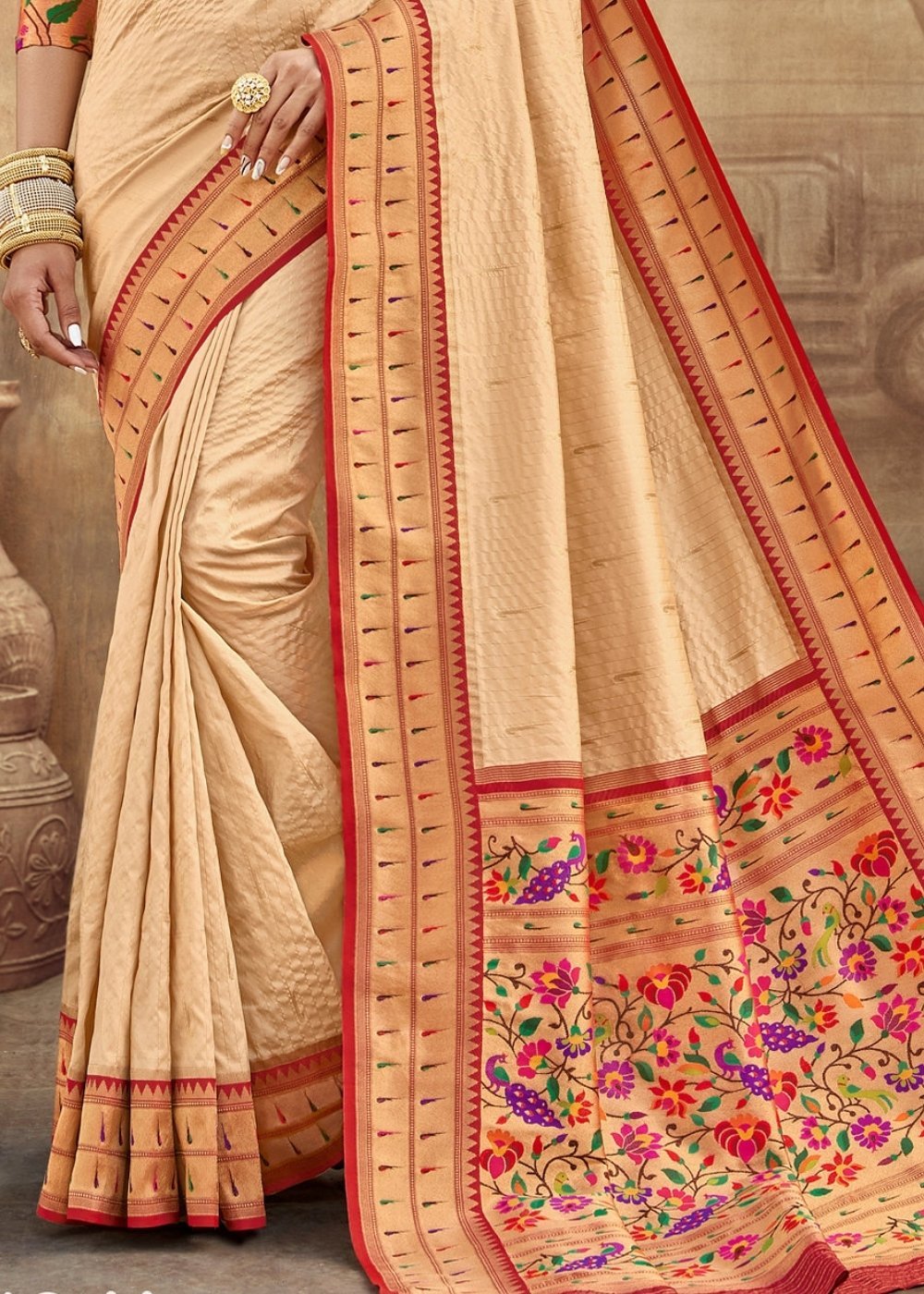 Beige Brown Woven Paithani Banarasi Silk Saree