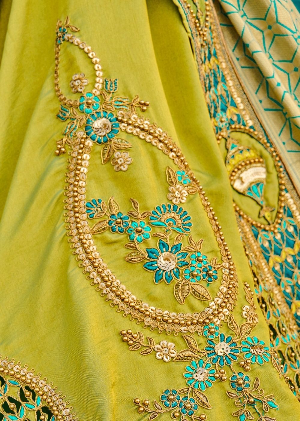 Green and Blue Half N Half Silk Saree with Embroidered work – Ethnos