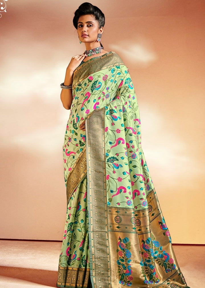 Mint Green Woven Banarasi Paithani Silk Saree